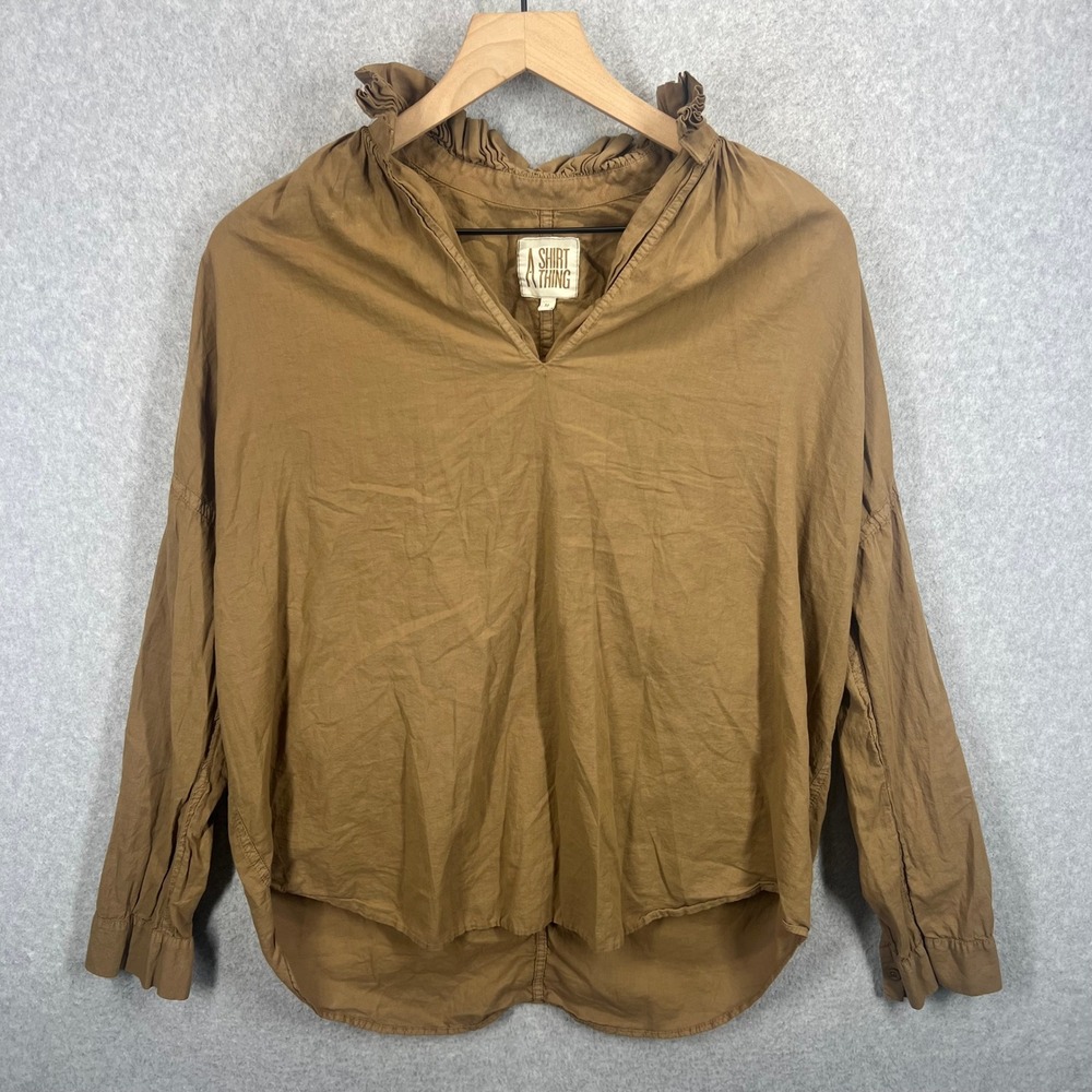 A Shirt Thing Blouse Womens M Brown Ruffle Neck Long Sleeve Pullover EUC